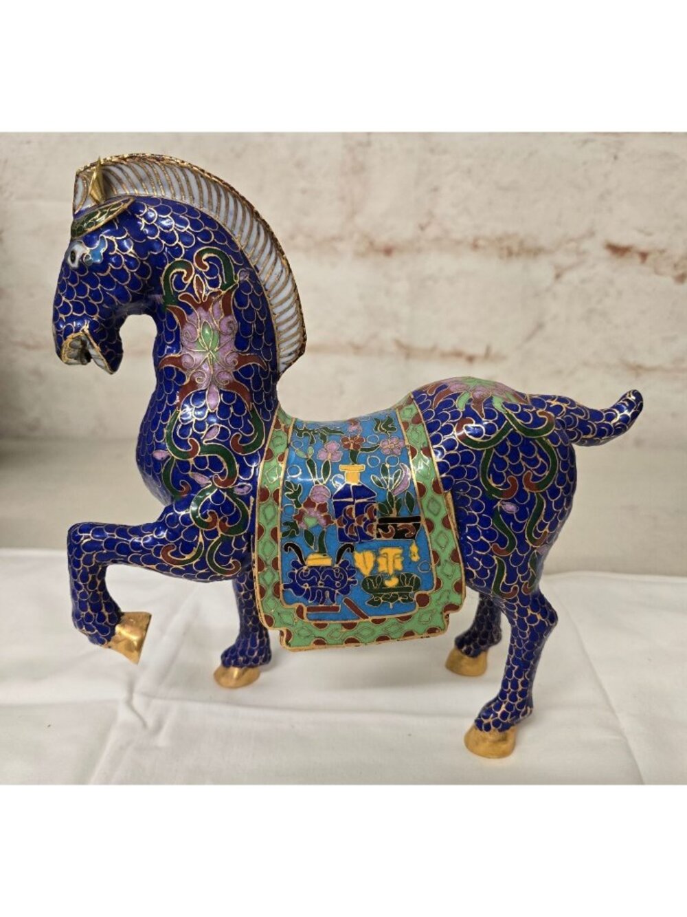 Vintage 8" Cloisonne Enamel Horse Figurine Intricate Floral Patterns Cloisonné